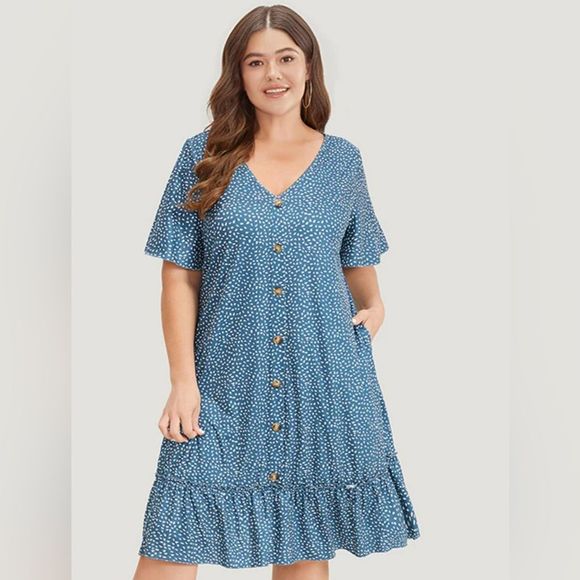 Water Drop Print Button Ruffled Dress - Picture 1 of 6